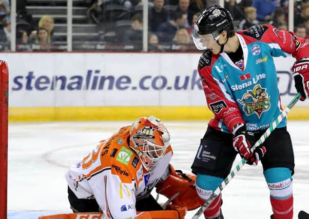Belfast Giants' Michael Forney andSheffield Steelers' Ervins Mustukovs joust for the puck. Photo by William Cherry
