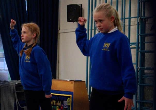 Youngsters from Dore Primary School rehearsing for new musical Hood, co-written by a pupil and her dad