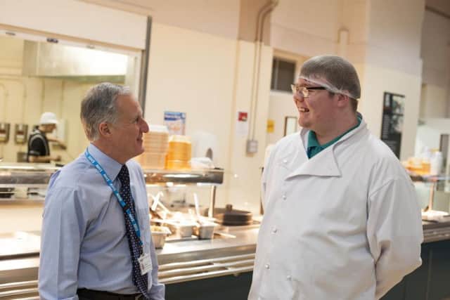 Jeff Swallow, catering manager, Northern General Hospital, with David Clay, 19, who is on work experience in the hospitals dining rooms