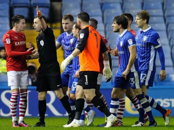 Barnsley's Adam Hammill is sent off in the South Yorkshire derby game against Sheffield Wednesday at Hillsborough