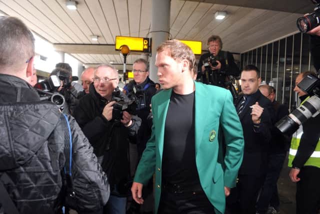 12 April 2016.......   Golfer Danny Willett arives back at Manchester Airport after winning the Masters in Augusta. Picture Tony Johnson