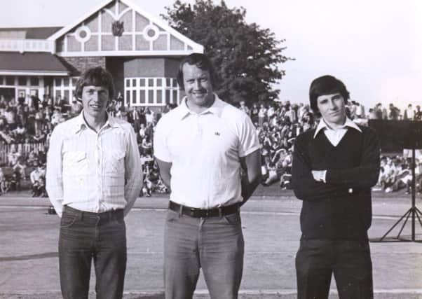 Bill Tancred at Loughborough Stadium, flanked by Seb Coe, right, and Dave Moorcroft, before they became world record holders in their chosen distances