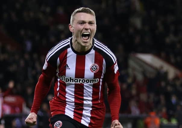 Caolan Lavery of Sheffield Utd celebrates his first goal for the Blades