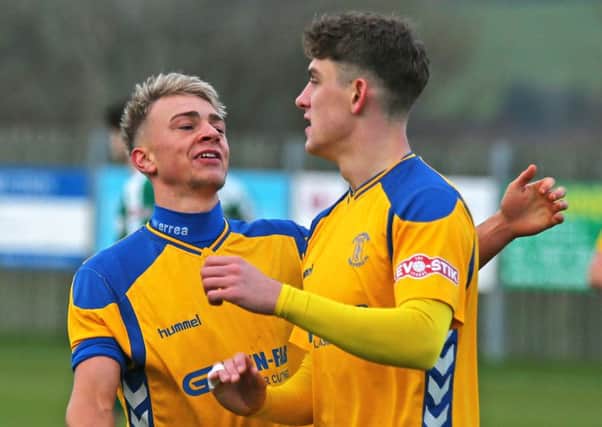 Stocksbridge Park Steels' Harrison Biggins, right, celebrating with Brodie Litchfield after giving Steels a sixth minute lead.