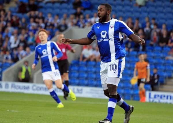 Chesterfield v Wolverhampton Wanderers in the Checkatrade Trophy at the Proact on Tuesday August 30th 2016. Sylvan Ebanks-Blake on the ball for Chesterfield. Photo: Chris Etchells