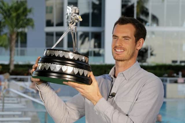 Andy Murray with the trophy after winning the 2016 Sports Personality of the Year Award at The Conrad Miami Hotel, Miami. Photo: Alberto Tamargo/BBC/PA Wire.