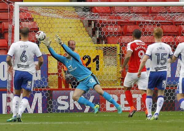 Chesterfield keeper Ryan Fulton saves well in the first half at The Valley (Picture by Lawrence Smith/AHPIX.com)