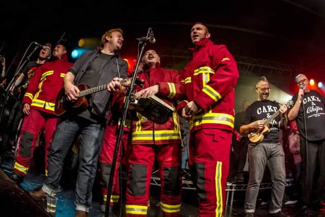 The Everly Pregnant brothers perform Chip Pan on The Last Leg, accompanied by Sheffield firefighters