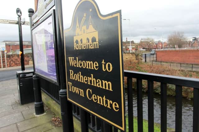 Stock pic Rotherham - Welcome to Rotherham Town Centre sign.