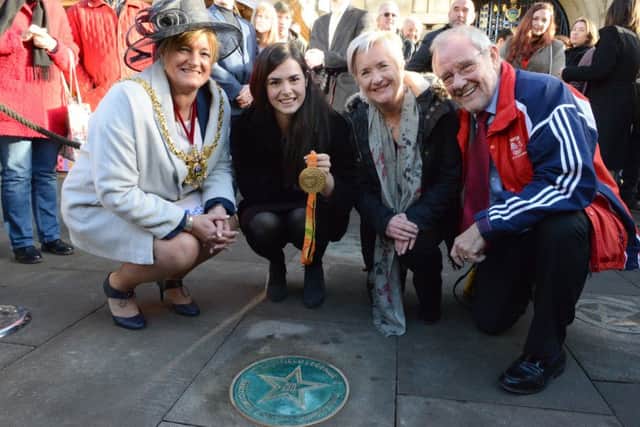 Grace Clough Sheffield Legends Star outside Town Hall Lord Mayor of Sheffield Denise Fox with Grace Clough,  Cate MacDonald cabinet member and Richard Caborn