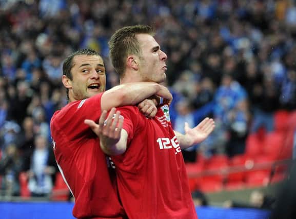 Callum McManaman (right) celebrates scoring for Wigan in the FA Cup semi-final before he made a move to West Brom