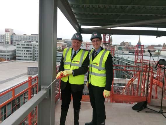 Kevin McCabe and deputy council leader Leigh Bramall at the topping out of Acero, one of  the new Digital Campus office blocks