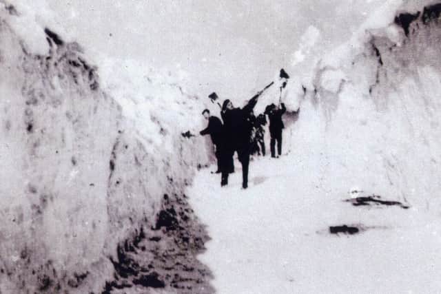 Pic brought in by Eric Hartshorne, Lodge Drive, Belper .Italian prisoners of war clearing snowdrift at Stand Lane, Crich, 1947.There would still be snow there at Whitsun.