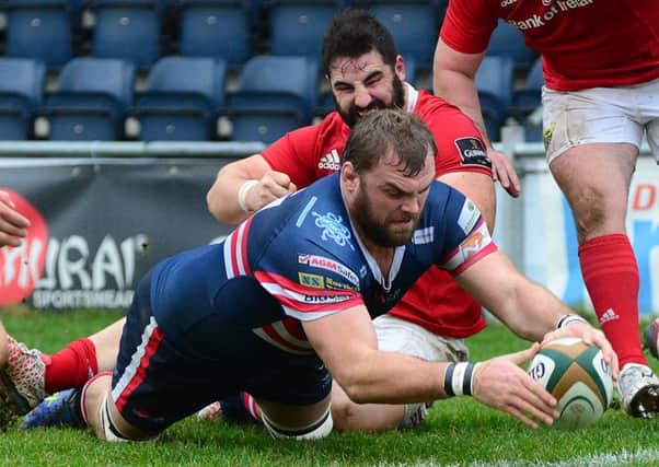 Jarad Williams scores his irst try for Doncaster Knights as they take the lead against Munster A. Picture Scott Merrylees