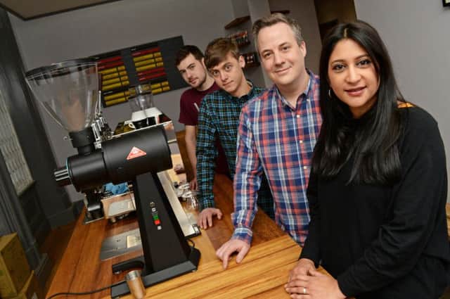 (front) Managing Director Lee Newell and his wife Bidisha, company director, pictured with team members Dylan Shenton and Callum Biggin, at Foundry Coffee Roasters, based at Wharncliffe House. Picture: Marie Caley NSST Foundry Coffee MC 3