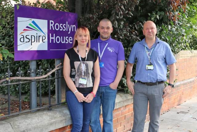 Aspire volunteer/peer mentor coordinator Lydia Rice (left) and service manager Stuart Green (right) pictured with peer mentor and SMART facilitator, Paul Walker (centre)