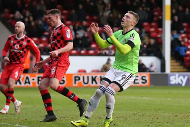 Caolan Lavery of Sheffield Utd reacts after his shot went wide during the English League One match at Bank's Stadium, Walsall. Picture date: January 14th, 2017. Pic Simon Bellis/Sportimage
