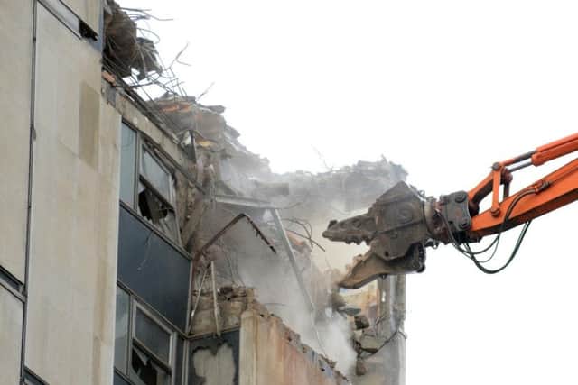 Demolition of the main tower of the Grosvenor House Hotel begins.