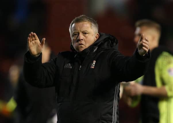 Chris Wilder manager of Sheffield Utd applauds the fans during the English League One match at Bank's Stadium, Walsall.  Pic Simon Bellis/Sportimage