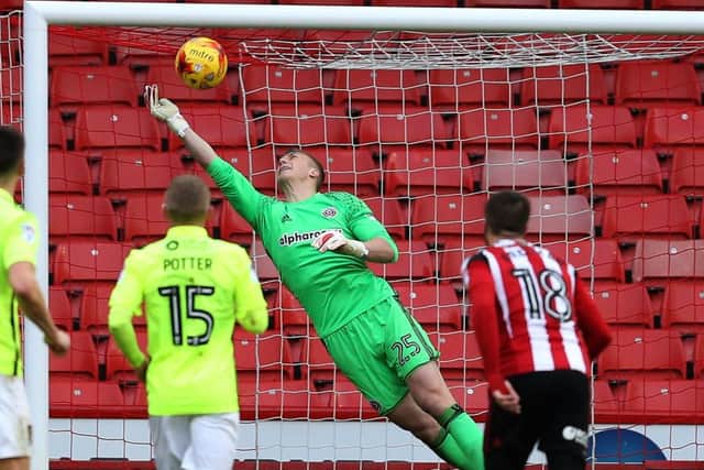 Simon Moore of Sheffield Utd makes a save. Pic Simon Bellis/Sportimage
