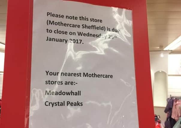 Sign in Mothercare shop window in Sheffield city centre