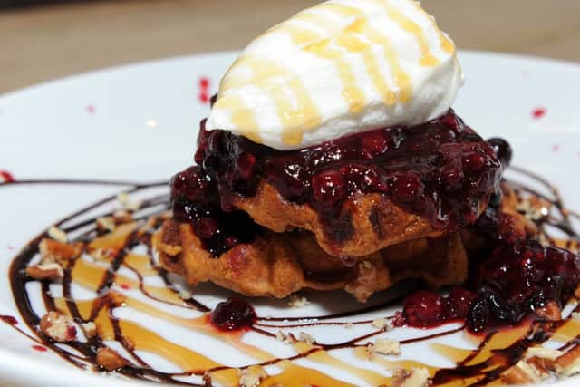 Belgian waffles with greek yoghurt, berry compote, pecans, chocolate sauce and maple syrup at Made By Jonty, Sharrow Vale Road.