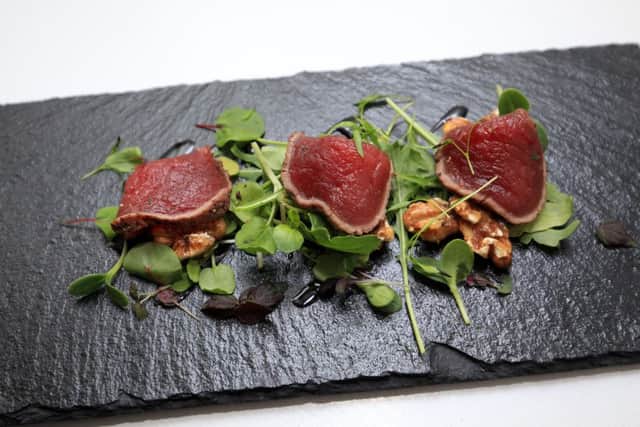 Food review at the Best Western Plus Aston Hall Hotel. Pictured is the peppered venison carpaccio with a watercress & walnut salad and lemon & honey dressing. Picture: Chris Etchells