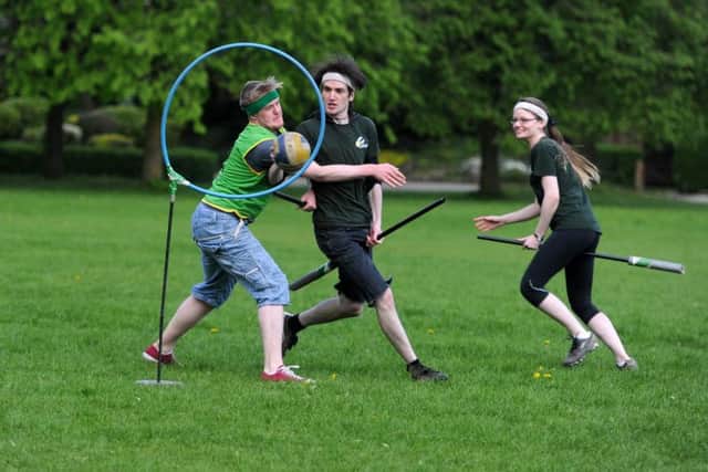 A quidditch match in action.