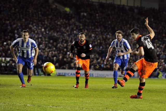Fernando Forestieri strikes a tame penalty which was saved by David Stockdale