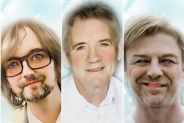 Jarvis Cocker, Michael Palin and Sean Bean after being subjected to the Meitu treatment.