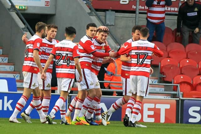 Rovers player Conor Grant scores. Picture: Chris Etchells