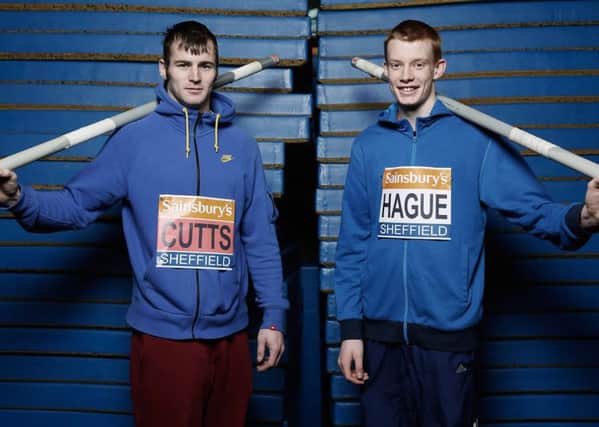 Pole Vaulters Luke Cutts and Adam Hague pose for a picture during the preview day for the Sainsbury's Indoor British Championships at the English Institute for Sport.  (Photo by Tom Shaw - British Athletics/British Athletics via Getty Images)