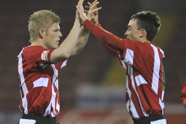 FA Youth Cup 2nd Round   Sheffield United vs Port Vale  Utd goal scores celebrate , after the 1st Goal scored by Elliott Whitehouse, left with team mate and 2nd scorer Danny Deakin right