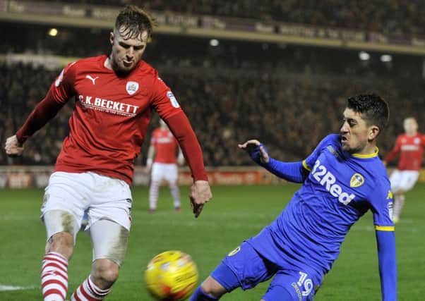 James Bree clears from Pablo Hernandez.
Barnsley FC  v Leeds United.  Picture Bruce Rollinson