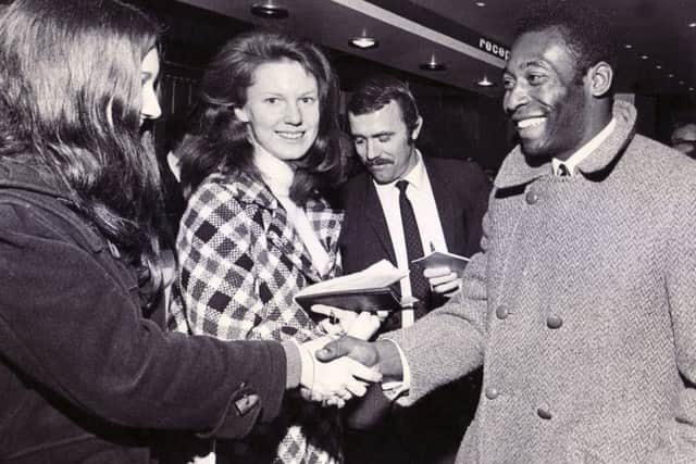 Pele, member of the Brazilian Santos team, arrived over 2 hours late at his hotel for the night, the Hallam Tower Hotel, Sheffield.  There was a large reception waiting for the visitors at the Omega Restaurant, but they had to wait further while Pele, complete with large grin, served out signatures to the many fans waiting at the Hallam Tower - 22nd February 1972