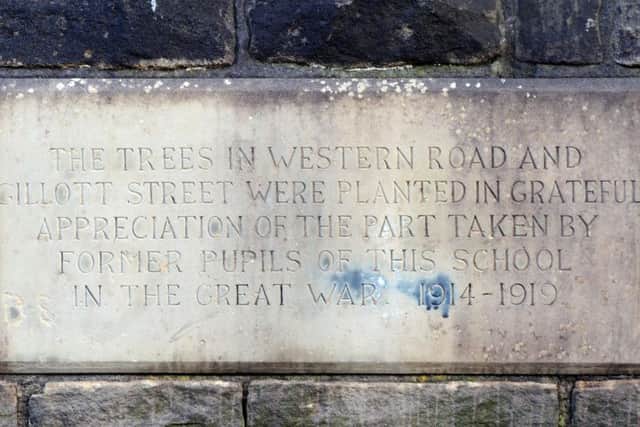 The plaque marking the trees as war memorials.