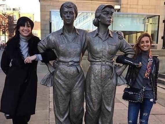 Daisy Lowe and Louise Redknapp with the Women of Steel statue. (Photo: Louise Redknapp).