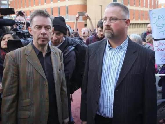 Simon Crump and Calvin Payne, leaving Sheffield Magistrates' Court after an earlier hearing