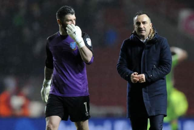 Keiren Westwood and Carlos Carvalhal at the final whistle of the Owls' 2-2 draw at Bristol City