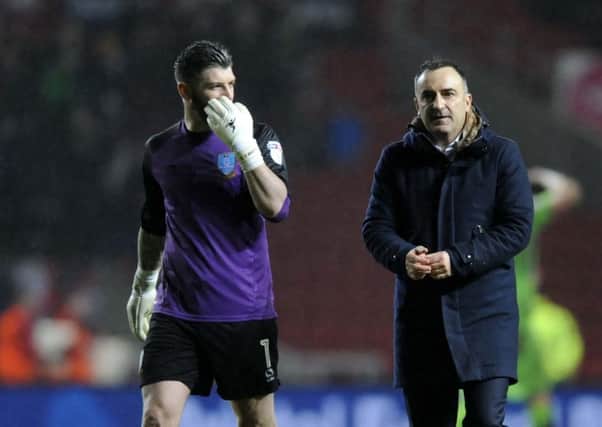 Keiren Westwood and Carlos Carvalhal at the final whistle of the Owls' 2-2 draw at Bristol City