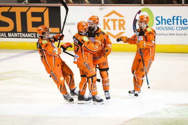 Sheffield Steelers v Belfast Giants Mathieu Roy is congratulated after scoring the second goal. Pic Dean Atkins