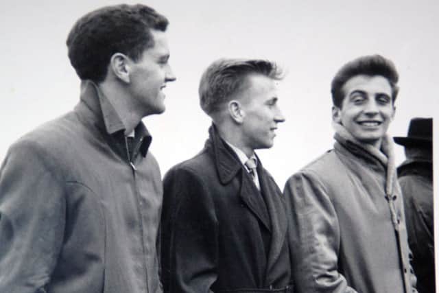 50th anniversary of Manchester United Munich air crash...one of the players who died was David Pegg of Doncaster... Picture shows from left Tommy Taylor, Bobby Charlton and David