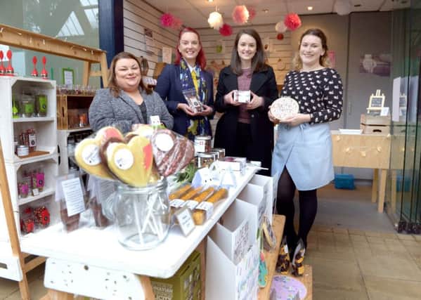 Valentine's pop up shop in the Winter Gardens. Jayne Harrison from Maxwell harrison Jewellers, Angie Young from Craft Tea Company, Sorrel Botham from Dandelion Cocoa and Ellie Mason from Fizzy Pig