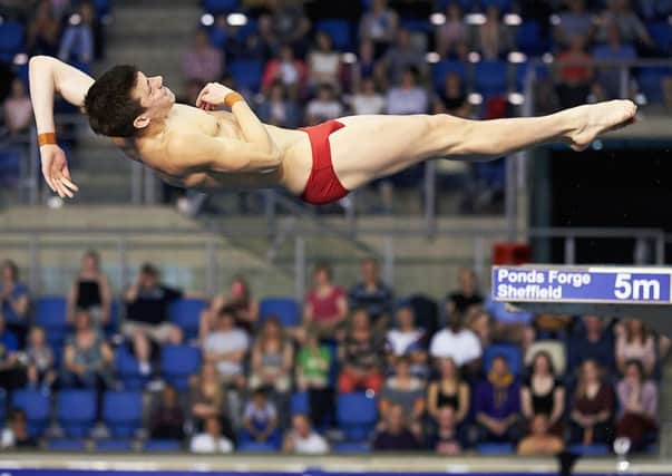 Freddie Woodward goes horizontal as he twists and turns in the mens 3m dive final at the British Gas Diving Championships