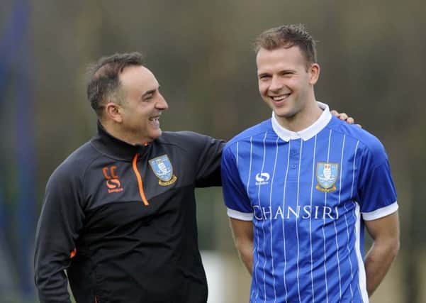 Sheffield Wednesday new signing Jordan Rhodes with Carlos Carvalhal..Picture Steve Ellis