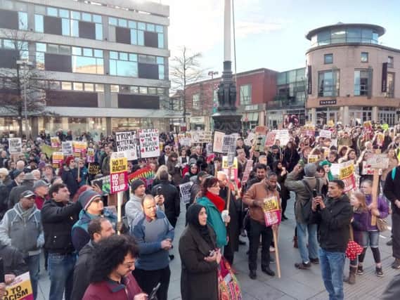 Protesters outside Sheffield City Hall.