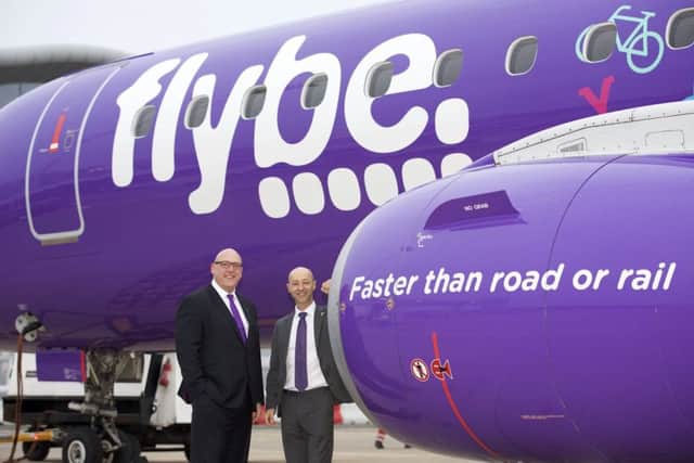 24th March 2016 Doncaster Sheffield Airport Flybe first flight to Paris. Steve Gill, left, managing director DSA, Vincent Hodder, chief revenue officer Flybe