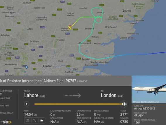 The Pakistan International Airlines flight was diverted to Stansted. Image courtesy of RadarBox 24