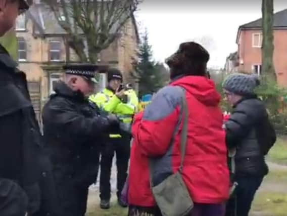 Police arrest two trees protestors for demonstrating on private land in Chippinghouse Road, Nether Edge (from Facebook Live video by Graham Turnbull, of STAG)