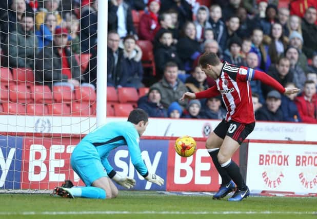 Billy Sharp scores his 19th goal of the season against AFC Wimbledon. Pic credit should read: Simon Bellis/Sportimage